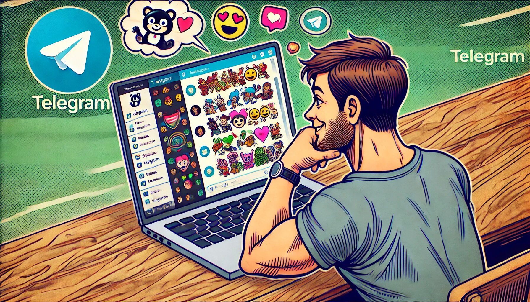 DALL·E 2025-03-05 13.34.26 - A comic-style drawing of a person looking at Telegram’s interface on a laptop. The screen displays a colorful group chat with lots of animated emojis,_proc.jpg